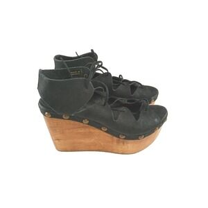 Five Worlds‎ Womens Wedge Sandals Black  Leather Lace Up Open Toe Size 7.5